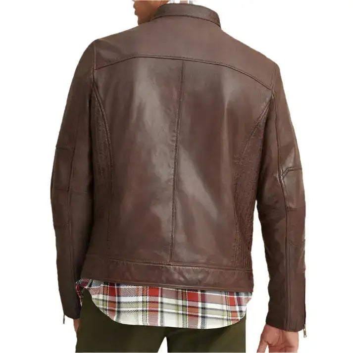 Mens Brown Leather Moto Biker Jacket