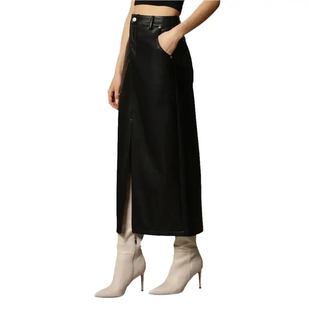 Women’s Classy Black Leg Slit Leather Skirt