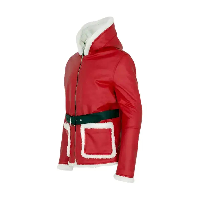 Men's Santa Claus Hooded Red Leather Coat with Faux Fur Trim – Holiday Edition