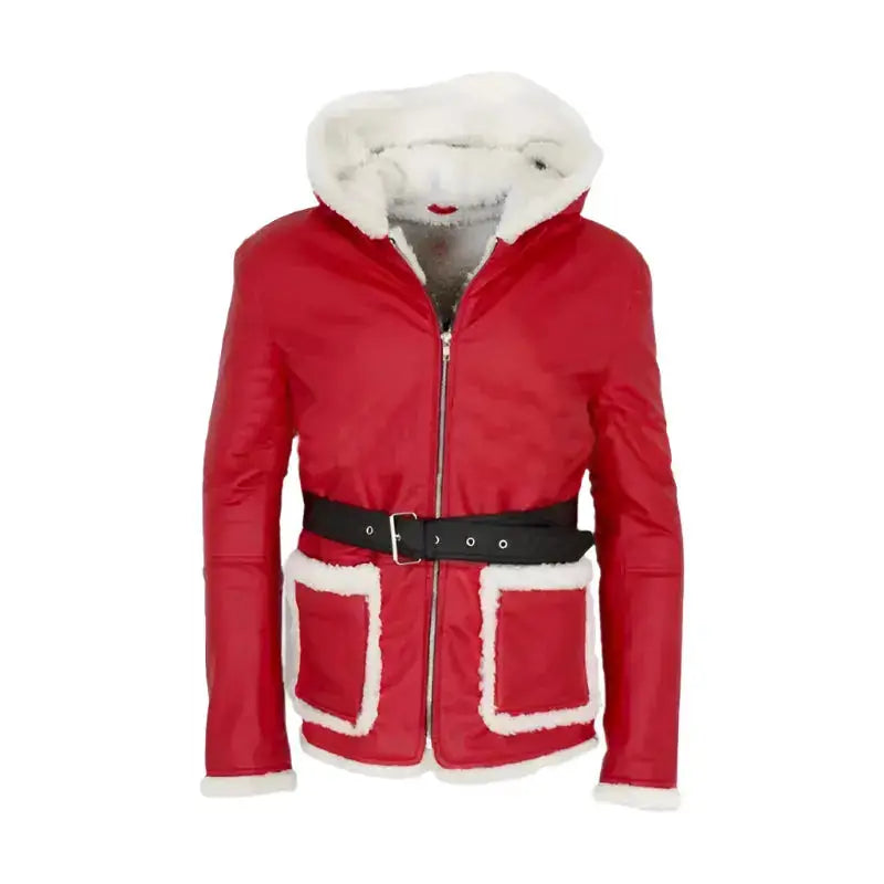 Men's Santa Claus Hooded Red Leather Coat with Faux Fur Trim – Holiday Edition