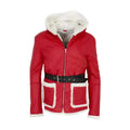 Men's Santa Claus Hooded Red Leather Coat with Faux Fur Trim – Holiday Edition
